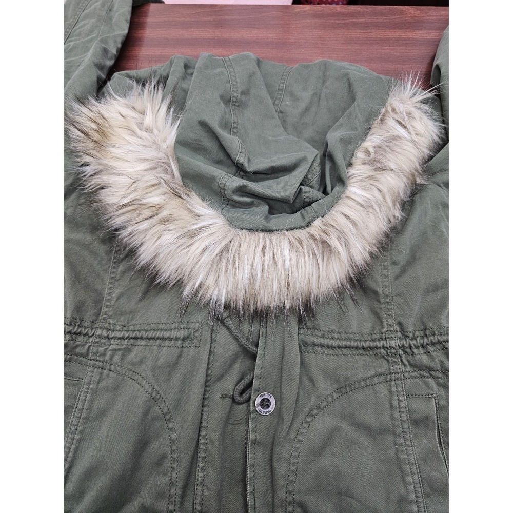 Hollister Women's Utility Jacket Fur Hood Plaid Interior Green Coat Size Large - Picture 7 of 11